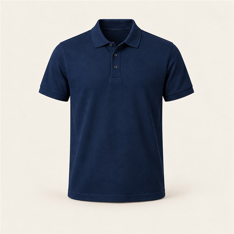 Camisa polo azul-marinho em fotografia de produto
