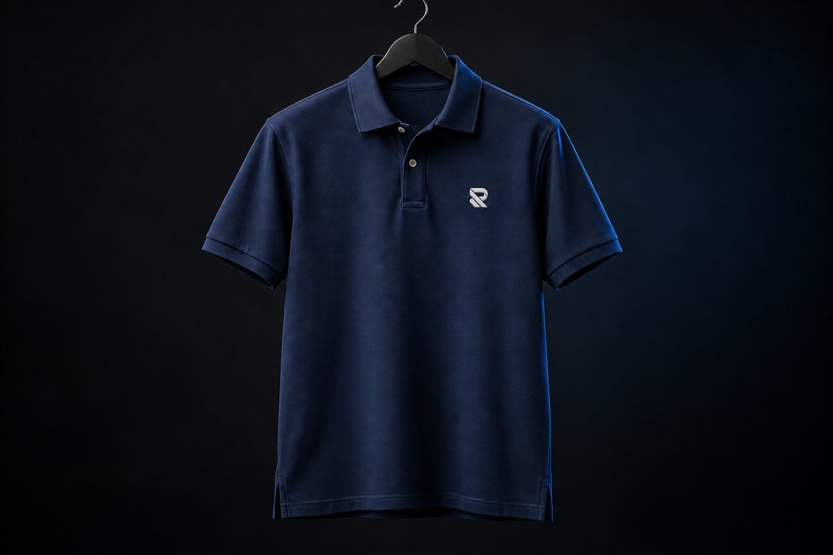 Polo azul-marinho com o símbolo da Reis Têxtil bordado no peito
